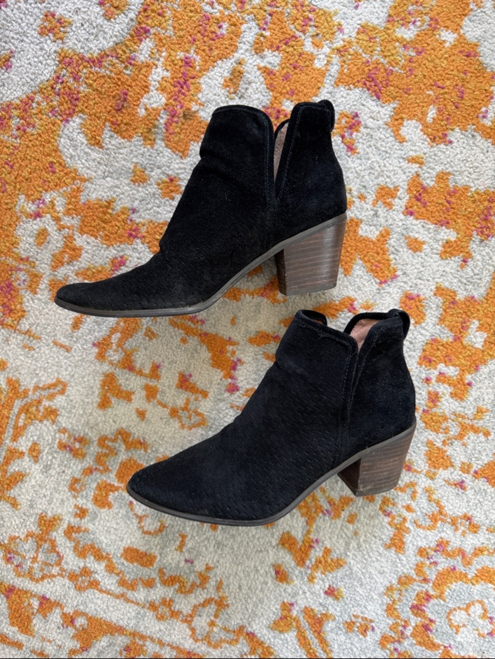 Lucky Brand Braylie Black Perforated Suede Stacked Heel Booties